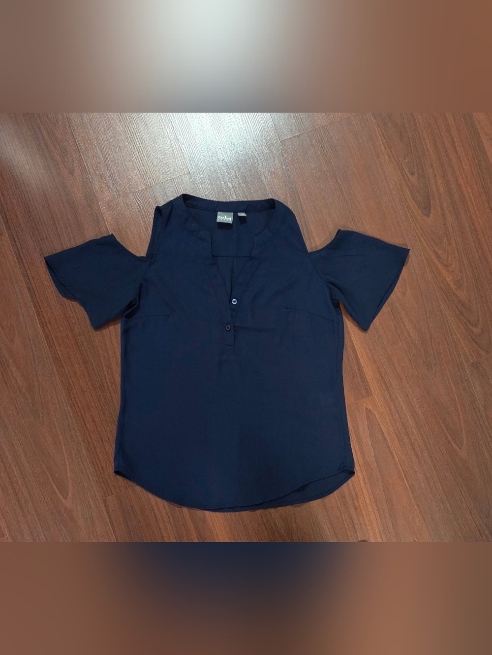 New York & Company Navy Cold-Shoulder Split-Neck Blouse